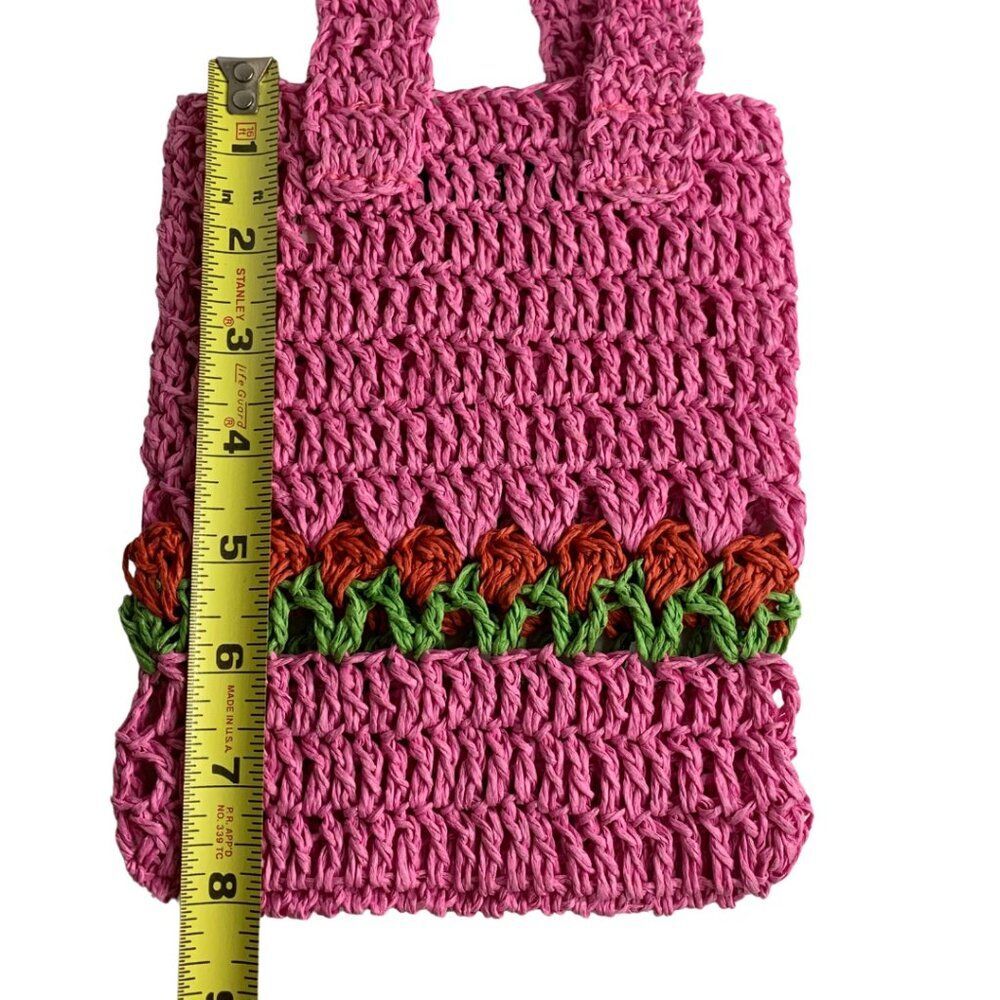 SHEIN Pink Crochet Tote Bag Handmade Look Flower Detail Knit Shopper NWT - Picture 5 of 7